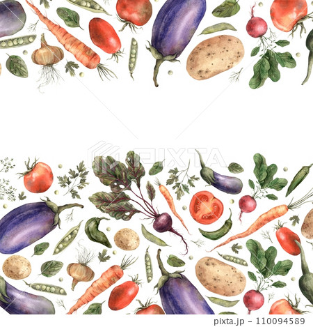 Watercolor frame from a set of vegetables: eggplants, onions, beets, peppers, radishes, dill, carrots, peas, potatoes, parsley, spinach, made in handmade watercolors. Template, large composition Watercolor frame from a set of vegetables: eggplants, onions, beets, peppers, radishes, dill, carrots, peas, potatoes, parsley, spinach, made in handmade watercolors. Template, large composition 110094589