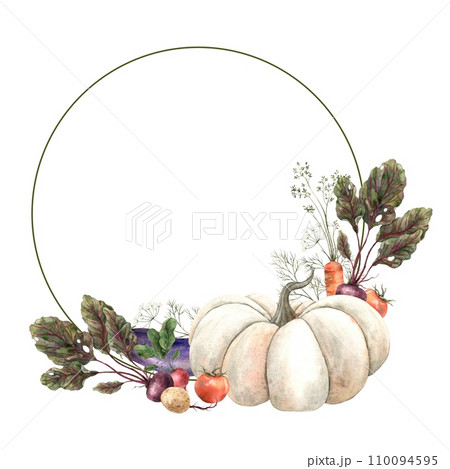 Round watercolor frame with vegetables: pumpkin, radishes, carrots, dill, tomato, beets, onions. Hand drawn in watercolors. Use in the design of cookbooks, menus, posters, postcards. Round watercolor frame with vegetables: pumpkin, radishes, carrots, dill, tomato, beets, onions. Hand drawn in watercolors. Use in the design of cookbooks, menus, posters, postcards. 110094595