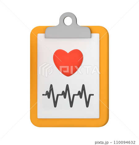 3d medical document with heart and cardiogram. Medical icon. Healthcare and medicine. Health check form report, health checkup clipboard. 3D vector illustration isolated on white background 110094632