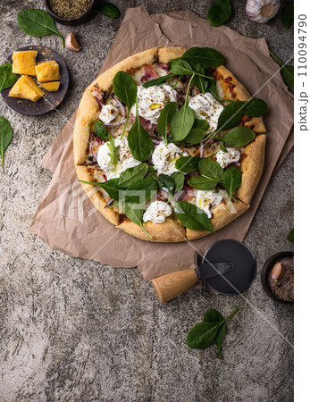 Italian pizza with soft cheese mozzarella Italian pizza with soft cheese mozzarella 110094790