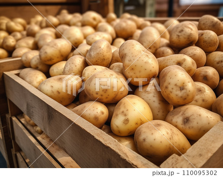 AI-generated content. Close-up of potatoes in a wooden crate, ideal for agricultural marketing or food industry use. 110095302