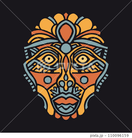 AI-generated content. Vector illustration for t-shirt. Tribal mask. Isolated on Black Background. Abstract Art in Orange Yellow Blue Colors, using a Negative Space 110096159
