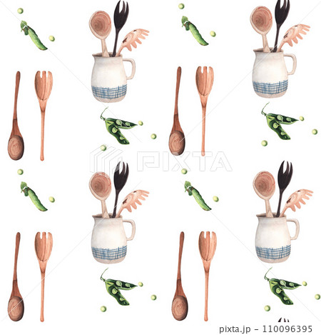 Pattern with kitchen utensils on a white background Pattern with kitchen utensils on a white background 110096395