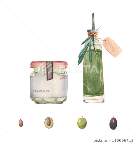 Composition with bottle of olive oil and jar of green olives Composition with bottle of olive oil and jar of green olives 110096412