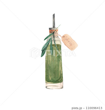 Olive oil bottle painted in watercolor 110096413