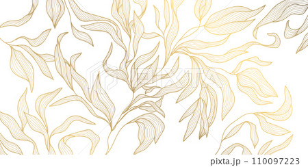 Vector golden leaves background, luxury abstract wavy floral art. Nature design texture, line illustration, foliage wallpaper Vector golden leaves background, luxury abstract wavy floral art. Nature design texture, line illustration, foliage wallpaper 110097223