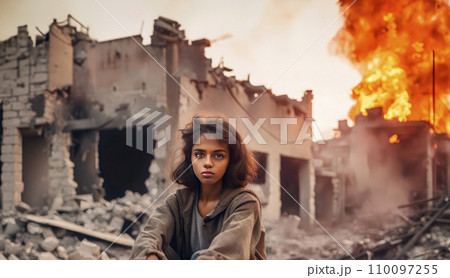 Portrait of a girl against the background of destroyed and burned buildings as a result of military operations and earthquakes. Portrait of a girl against the background of destroyed and burned buildings as a result of military operations and earthquakes. 110097255
