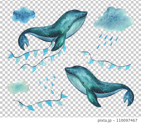 A baby whale swims on the sea and flies in the sky with garlands of flags among the clouds and raindrops. Hand drawn children's watercolor illustration. Set of isolated objects on a white background. 110097467