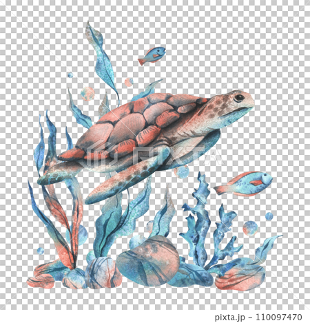 Underwater world clipart with sea animals turtle, fish, pebbles, bubbles, coral and algae. Hand drawn watercolor illustration. Isolated composition on a white background. 110097470