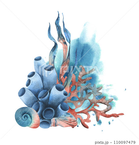 Underwater world clipart with sea animals, shells, coral, sponge and algae. Hand drawn watercolor illustration. Isolated composition on a white background. Underwater world clipart with sea animals, shells, coral, sponge and algae. Hand drawn watercolor illustration. Isolated composition on a white background. 110097479