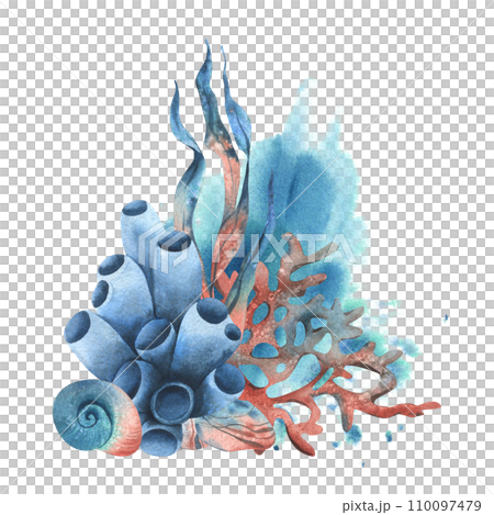 Underwater world clipart with sea animals, shells, coral, sponge and algae. Hand drawn watercolor illustration. Isolated composition on a white background. Underwater world clipart with sea animals, shells, coral, sponge and algae. Hand drawn watercolor illustration. Isolated composition on a white background. 110097479