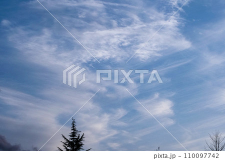早春の鈎状雲の飛ぶ雲　早春の飛ぶ巻雲の鈎状雲 110097742