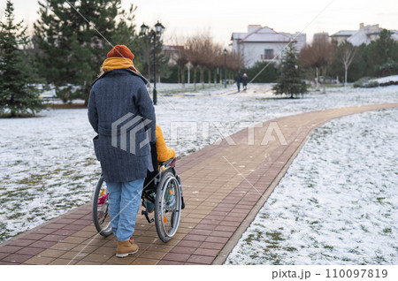 Caucasian woman driving her friend in a wheelchair along the lake in winter. Caucasian woman driving her friend in a wheelchair along the lake in winter. 110097819