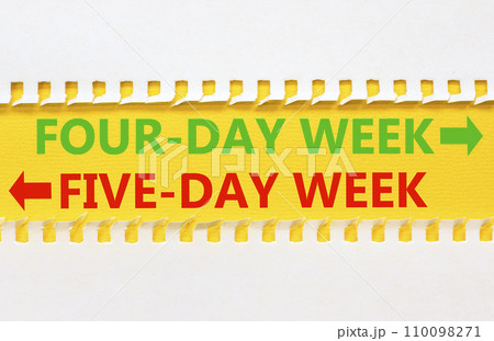 5 or 4 day week symbol. Concept word Five-day week or Four-day week on beautiful yellow paper. Beautiful white paper background. Business and five or four day week concept. Copy space. 110098271