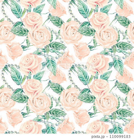 Pink roses, seamless pattern, watercolor, isolated on white background. Wedding invitations, wrapping paper, Valentines day, wallpaper, textiles. 110099183