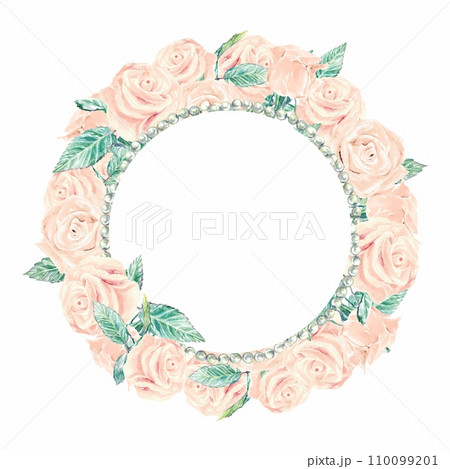 Wreath of pink roses and beads, watercolor. Round frame isolated on white background. Wedding invitations, cards, posters, Valentines, wishes. Wreath of pink roses and beads, watercolor. Round frame isolated on white background. Wedding invitations, cards, posters, Valentines, wishes. 110099201