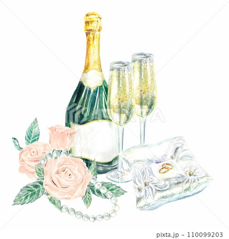 Champagne, bottle, glasses, roses, rings, watercolor, isolated on white background. Wedding invitations, covers, greeting cards, envelopes, posters. 110099203