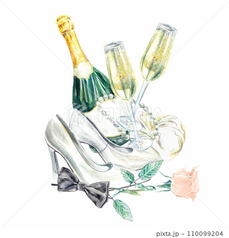 Champagne, glasses, bottle, brides shoes, grooms bow tie, watercolor, isolated on white background. Wedding invitations, covers, cards, posters. Champagne, glasses, bottle, brides shoes, grooms bow tie, watercolor, isolated on white background. Wedding invitations, covers, cards, posters. 110099204
