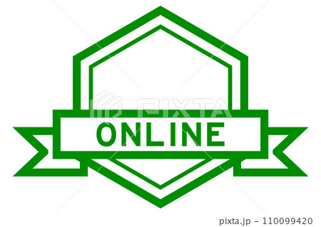 Vintage green color hexagon label banner with word online on white background 110099420