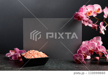 Beautiful blooming orchid flowers and pink sea salt. Beautiful blooming orchid flowers and pink sea salt. 110099660