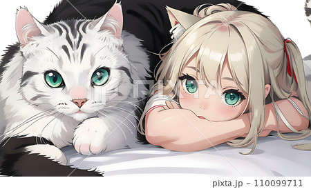 可愛い猫と猫耳の女の子のイラスト素材 [110099711] - PIXTA