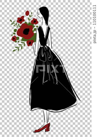 Black dress, red flowers, woman, long hair 110100111