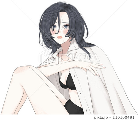 髪がぼさぼさで泣いている下着姿の女性 髪がぼさぼさで泣いている下着姿の女性 110100491