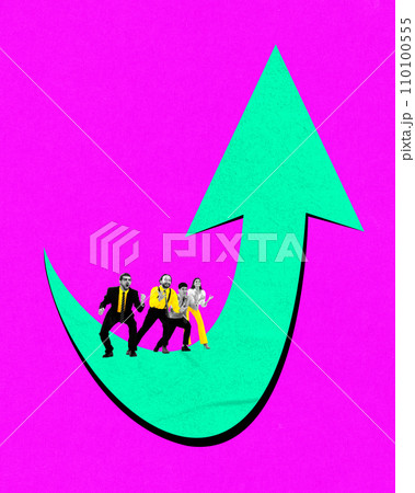 Motivation to reach new level in professional sphere. Young people looking on analytical arrow going up. Contemporary art collage. 110100555