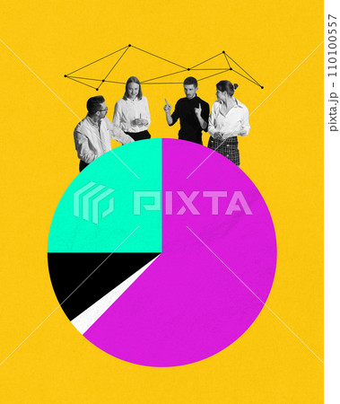 Young people, employees standing near giant round graph, making analytical researches. Contemporary art collage. 110100557