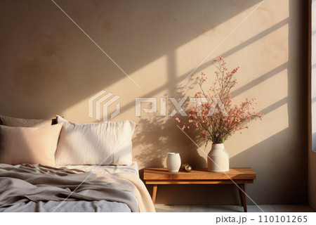 Vases with flowers on the bedside table with sunny shadows in the bedroom in rustic style 110101265