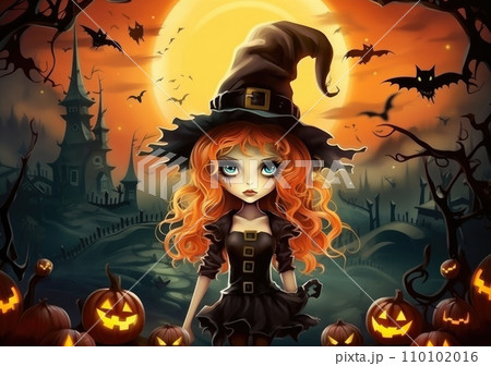 Halloween Witch girl with making witchcraft, magic in her hands, spells. Beautiful young woman in witches hat conjuring 110102016