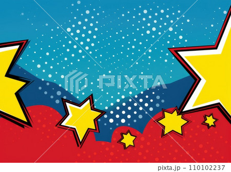 Pop art halftone background. Comic starburst pattern. Blue banner with star speech bubble 110102237