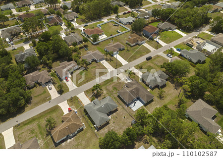 Aerial view of small town America suburban landscape with private homes between green palm trees in Florida quiet residential area 110102587