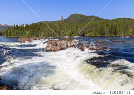 Cascading rapids in Namsskogan under a vibrant blue sky with dense forest edges 110103411