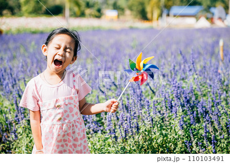 A happy girl stands in a flower garden with a toy pinwheel. Springtime's joy and the flying pinwheel evoke childhood fun happiness and freedom amidst the sunny nature-filled setting. A happy girl stands in a flower garden with a toy pinwheel. Springtime's joy and the flying pinwheel evoke childhood fun happiness and freedom amidst the sunny nature-filled setting. 110103491