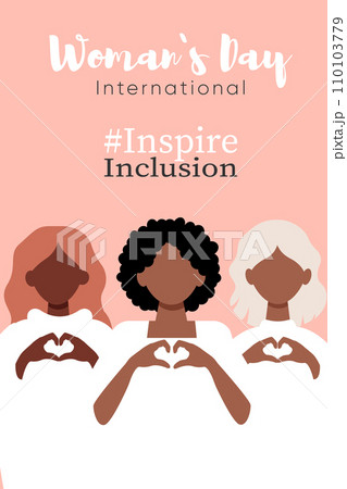 International Women s Day concept holiday card. Diverse women with heart-shaped hands stand together International Women s Day concept holiday card. Diverse women with heart-shaped hands stand together 110103779