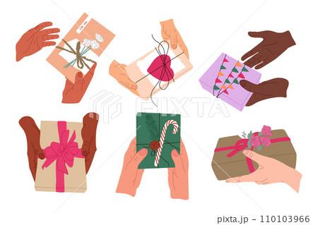 Diverse human hands with wrapped gift boxes Diverse human hands with wrapped gift boxes 110103966