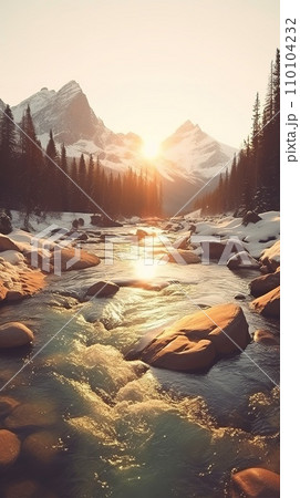 Winter's Beauty, nature's tranquility, snow-covered landscape, lonely tree. Vertical shot. AI-generated content 110104232