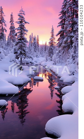 Winter's Beauty, nature's tranquility, snow-covered landscape, lonely tree. Vertical shot. AI-generated content 110104233