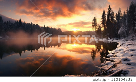 Winter's Beauty, nature's tranquility, snow-covered landscape, lonely tree. Vertical shot. AI-generated content 110104235