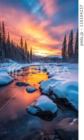 Winter's Beauty, nature's tranquility, snow-covered landscape, lonely tree. Vertical shot. AI-generated content 110104237