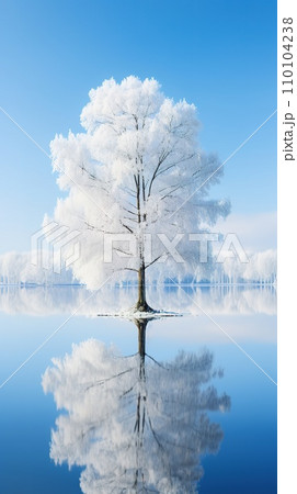 Winter's Beauty, nature's tranquility, snow-covered landscape, lonely tree. Vertical shot. AI-generated content 110104238