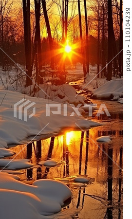 Winter's Beauty, nature's tranquility, snow-covered landscape, lonely tree. Vertical shot. AI-generated content 110104239