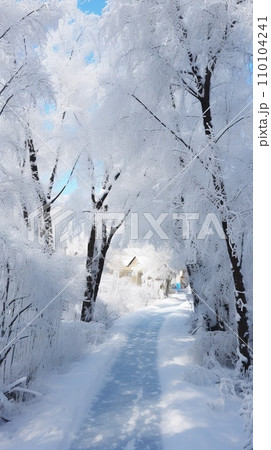 Winter's Beauty, nature's tranquility, snow-covered landscape, lonely tree. Vertical shot. AI-generated content 110104241