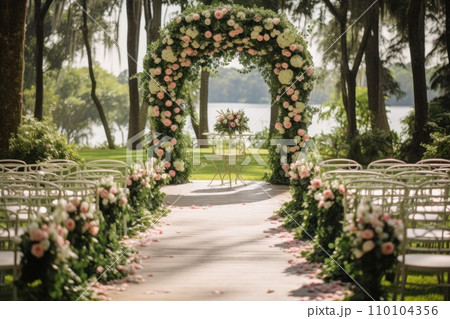AI-generated content. Backdrop wedding ceremony Outdoors. Generative AI 110104356