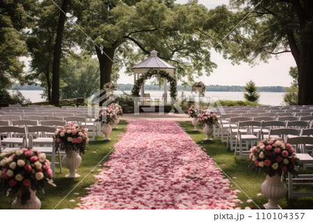 AI-generated content. Backdrop wedding ceremony Outdoors. Generative AI 110104357