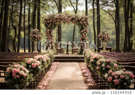 AI-generated content. Backdrop wedding ceremony Outdoors. Generative AI 110104358