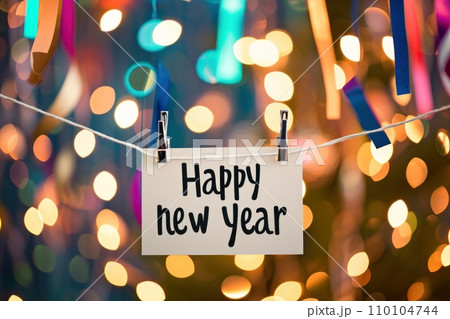 AI-generated content. Happy new year with confetti on a colorful blurry background. Generative AI 110104744