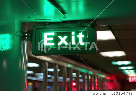 AI-generated content. Exit sign glowing in green. Generative AI 110104745