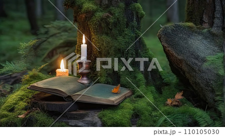 Candle burning in the mysterious forest. Witchcraft, fairy, enchanted effect. 110105030